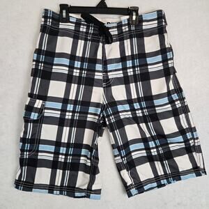 Mens BKE Sport 30 x 11" Gray / Blue Plaid Athletic Fit Tie Front Boardshorts